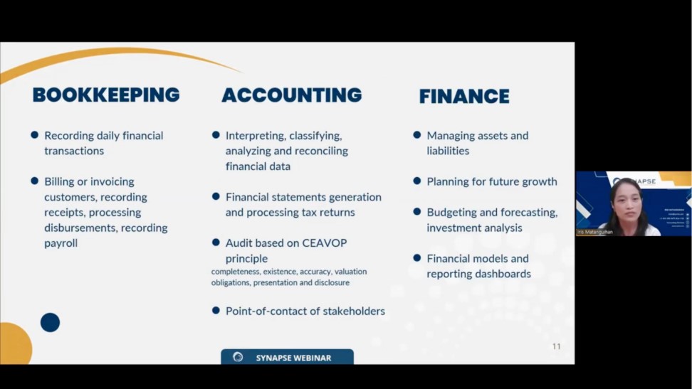 key differences between bookkeeping, accounting, and finance by Iris Matanguihan.